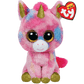 Colorful unicorn plush toy with gold horn and hooves, featuring a Ty Beanie Boos tag.