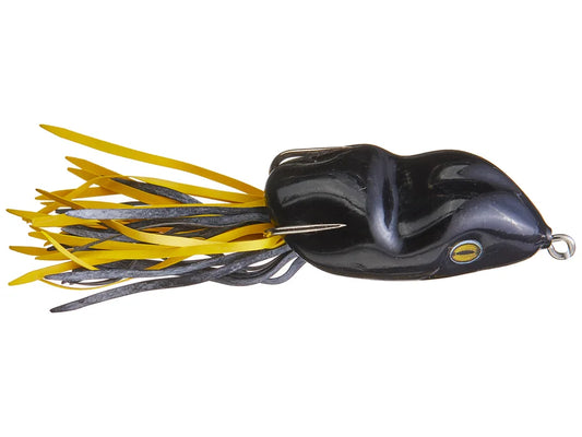 Fishing lure with black and yellow colors on a white background