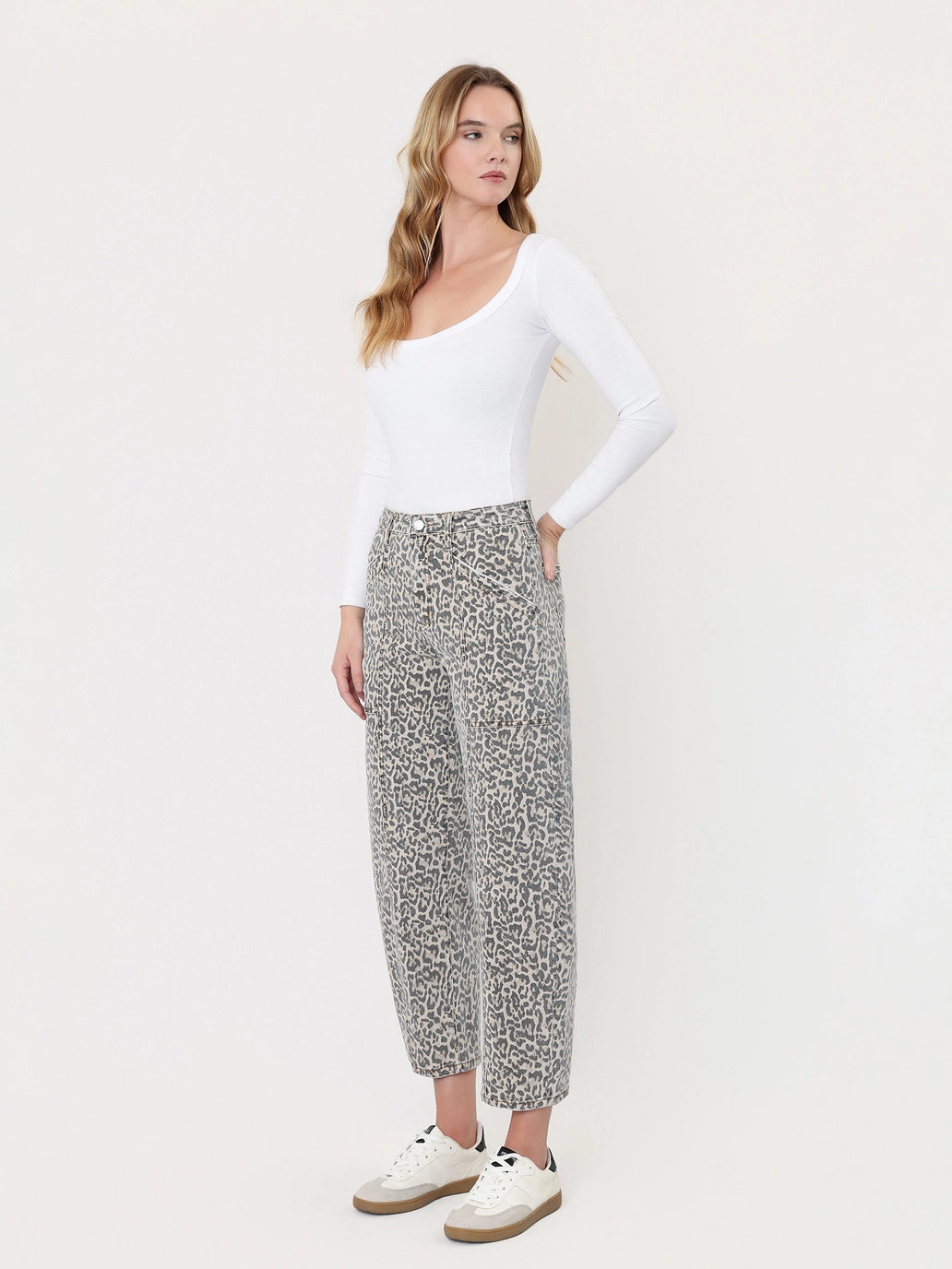 Lovervet High Rise Leopard Print Utility Barrel Jeans