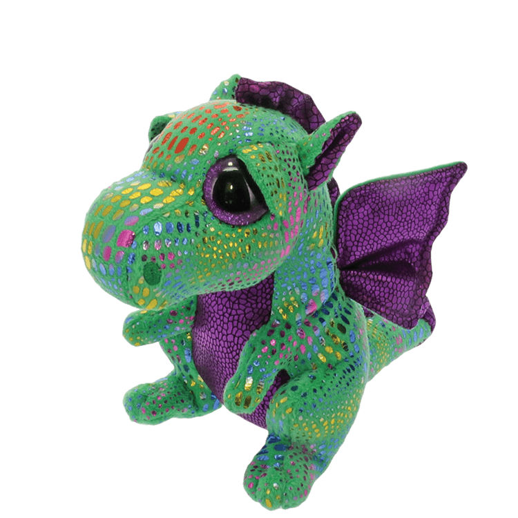 Side view green and purple dragon plush toy with colorful spots on a transparent background