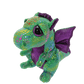 Side view green and purple dragon plush toy with colorful spots on a transparent background