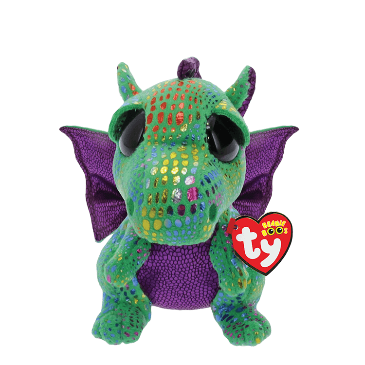 Green and purple dragon-shaped plush toy with a heart-shaped Ty Beanie Boos tag on a transparent background