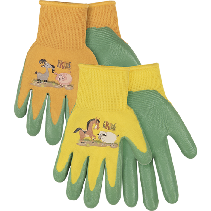 Kinco Kids' Farm Friends™ Nylon Knit Shell & Foam Nitrile Palm Gloves Yellow/ Orange