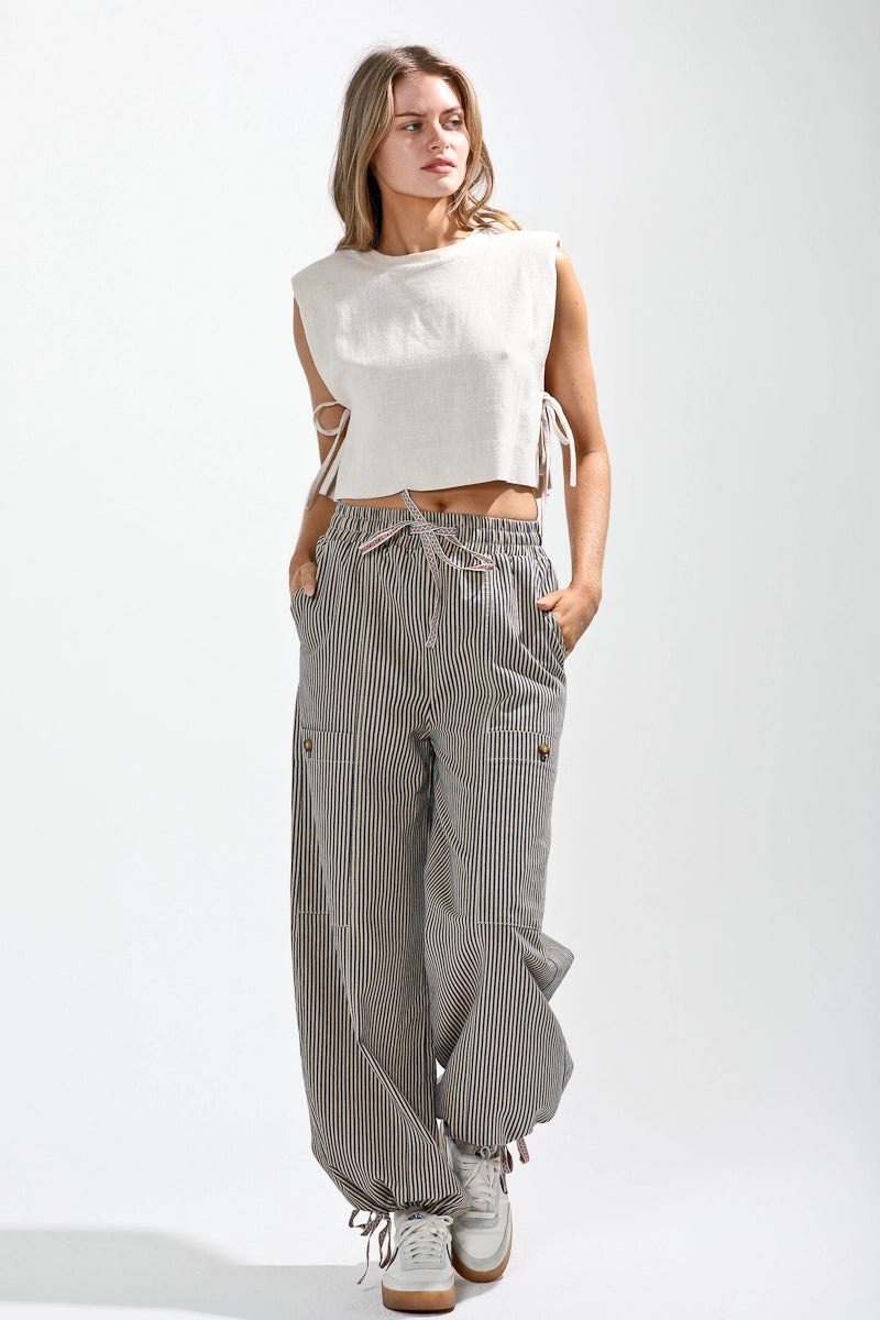 Elastic Waist Vintage Washed Stripe Pants in Latte