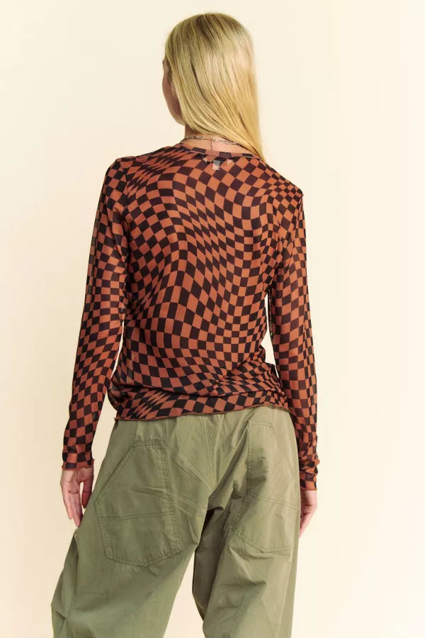 Women's Curvy Brown & Black Checkered Mesh Top