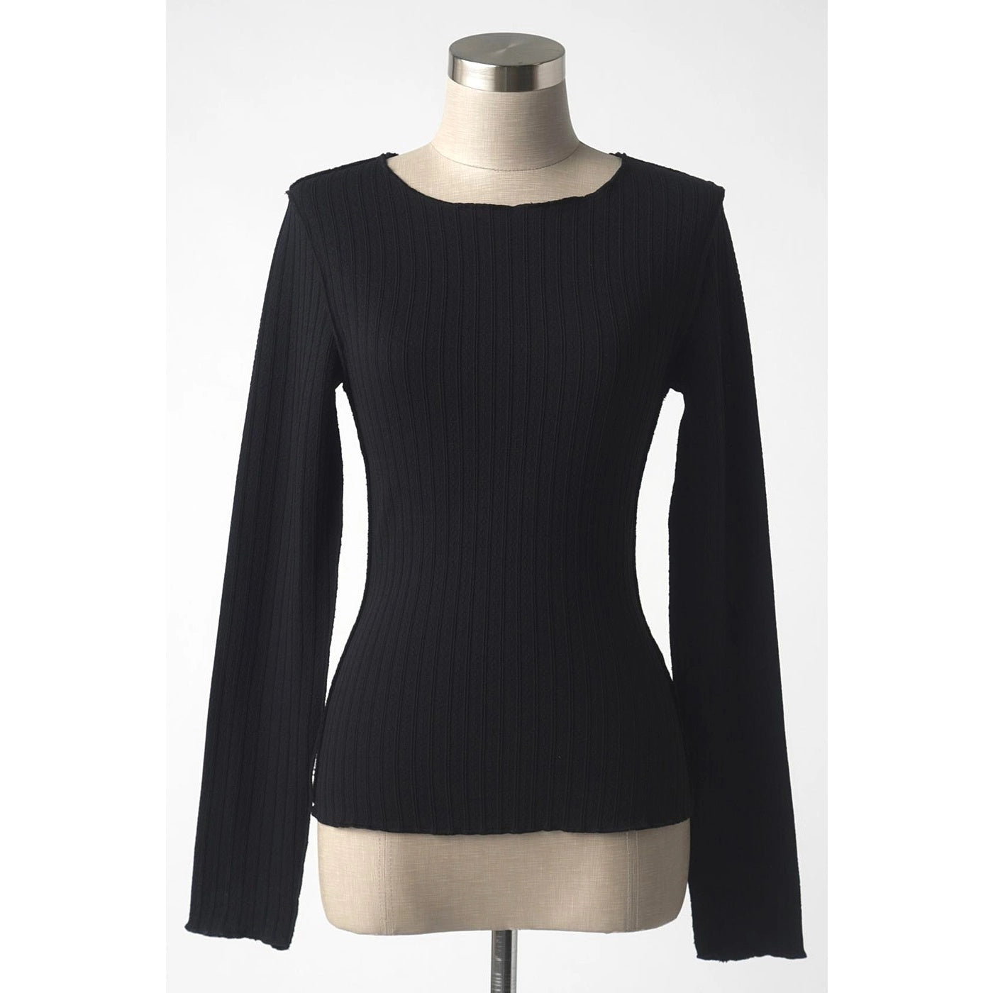 Wide Ribbed Exposed Seam Long Sleeve Top in Black