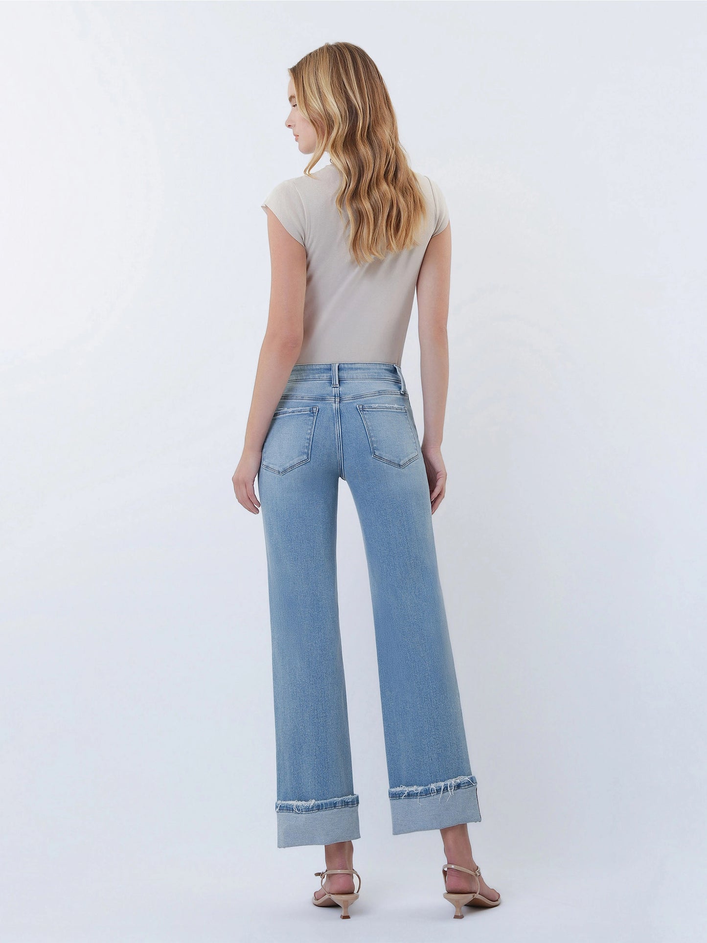 Lovervet Mid-Rise Medium Light Cuffed Slim Wide Leg Jeans