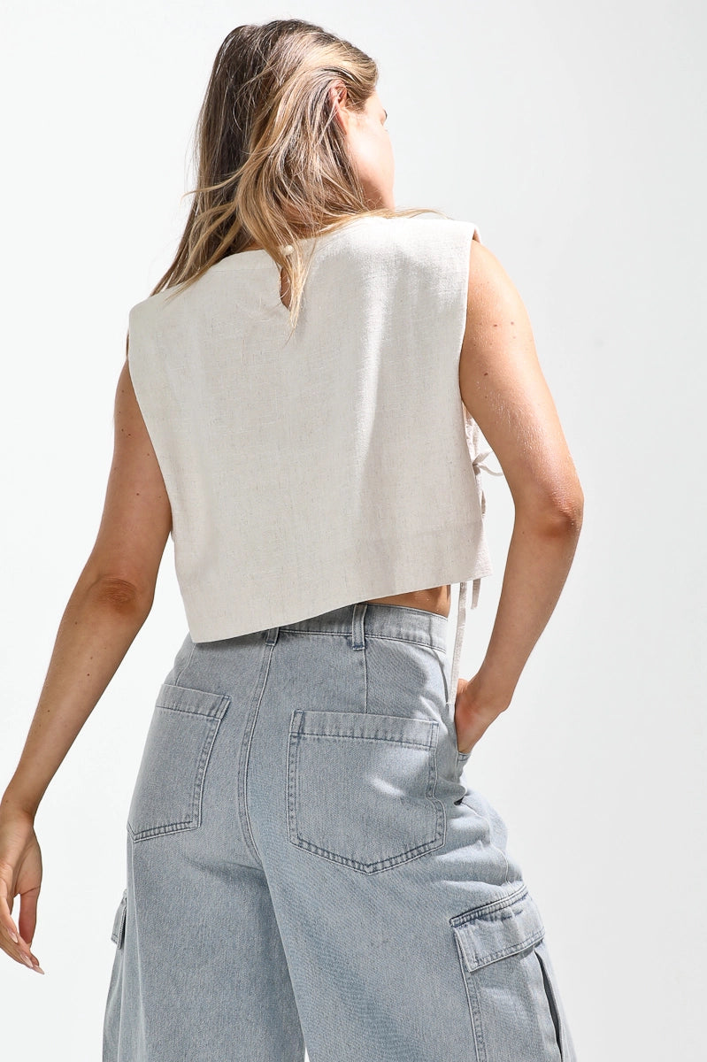 NoaBoa Sleeveless Side Tie Linen Top in Oatmeal