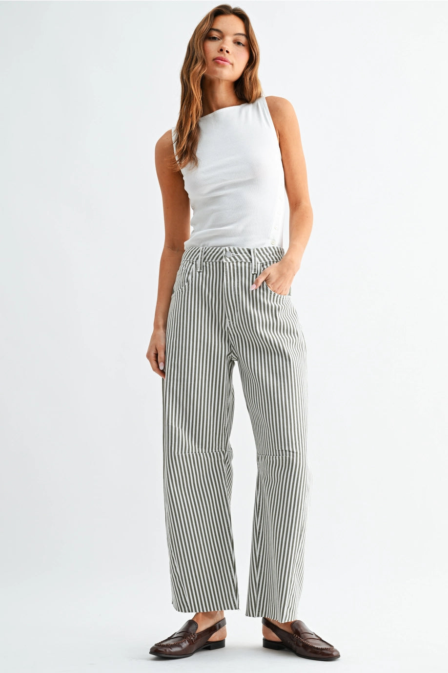 Olive Stripe Raw Hem Barrel Jean