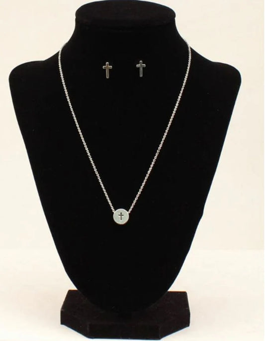 M&F Western Blazin Roxx Silver Cross Stamped Necklace and Earring Set