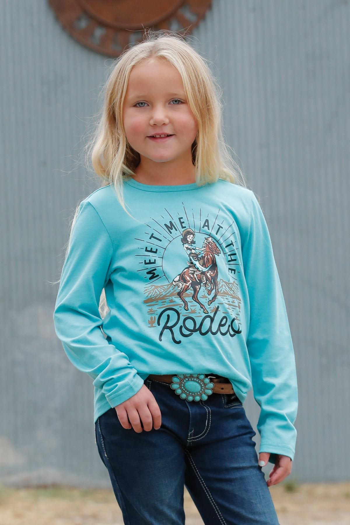 Cinch Girl's Meet Me at the Rodeo Long Sleeve Tee in Turquoise