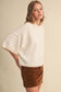 Contrast Blanket Stitch Mock Neck Short Sleeve Sweater in White Beige