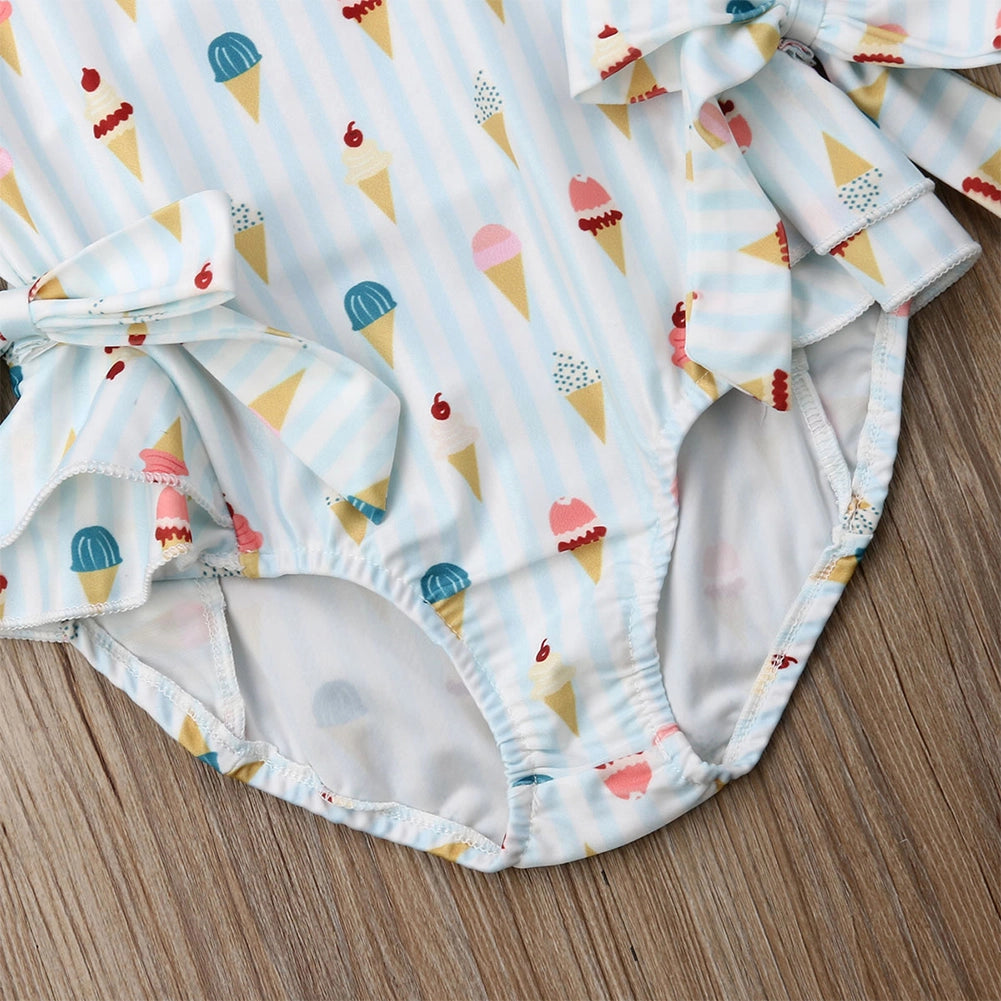 Light Blue Ice Cream Print Ruffled Swimsuit with Bows