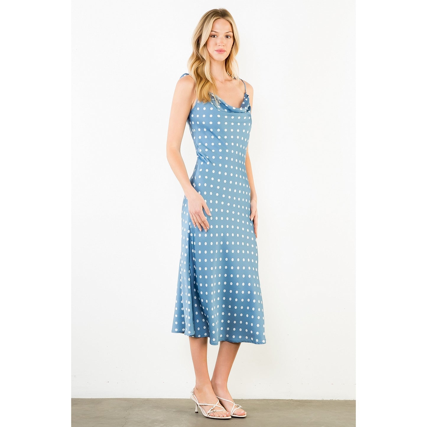 Tie Strap Blue & Polka Dot Midi Dress