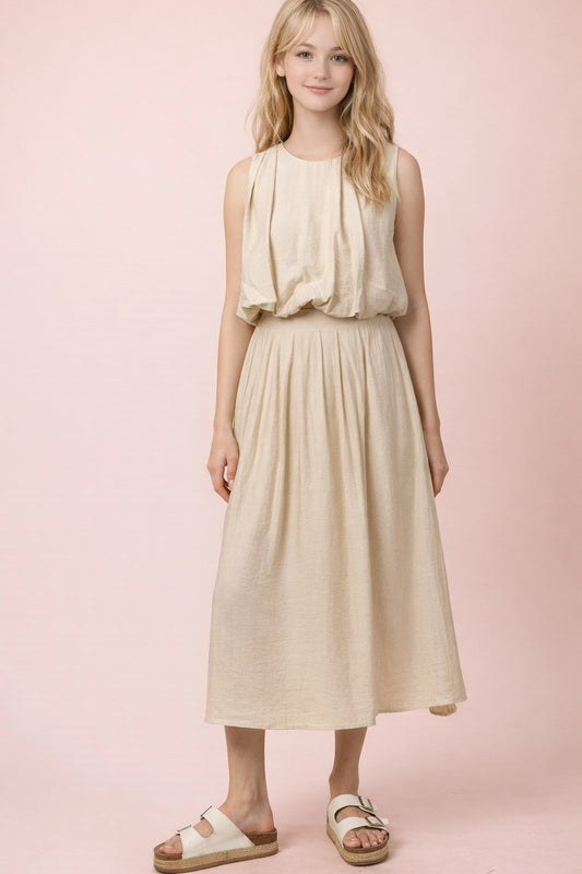 Pleated Bubble Blouse Top & Midi Skirt Set in Oatmeal