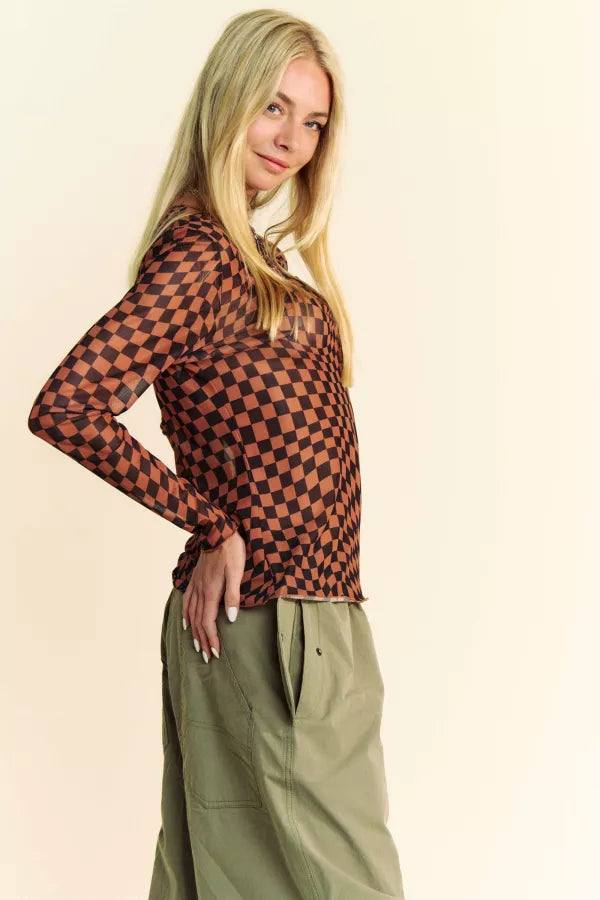 Women's Curvy Brown & Black Checkered Mesh Top