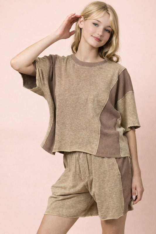 Mineral Washed Casual Knit Top & Shorts Set in Taupe