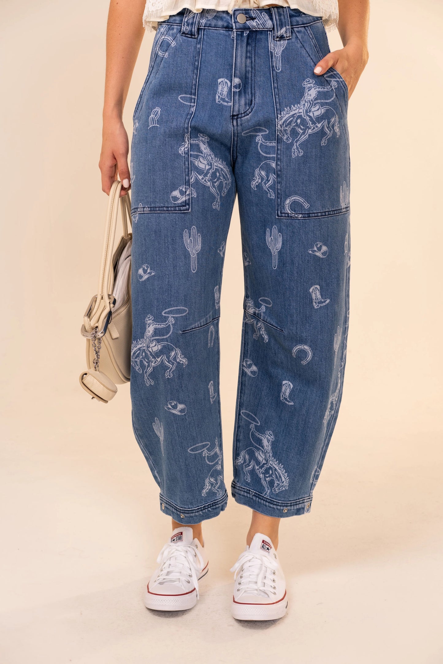 Blue B Western Print Barrel Leg Denim Jean