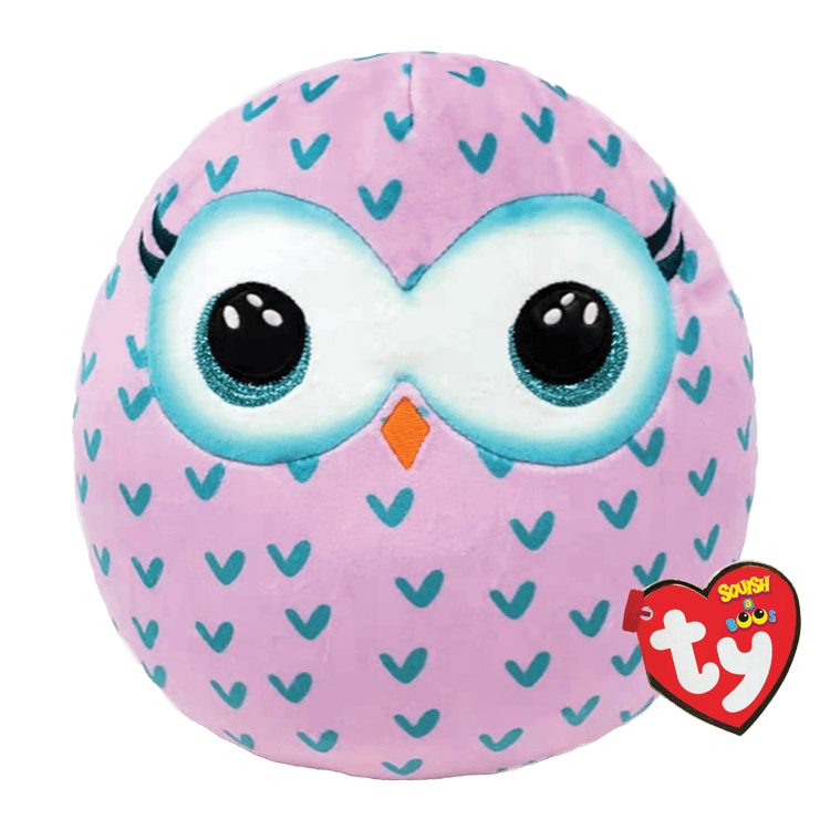 Round pink owl plush toy with blue heart pattern, orange beak, and large eyes, featuring a Ty Squish a Boos tag.