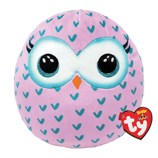 Round pink owl plush toy with blue heart pattern, orange beak, and large eyes, featuring a Ty Squish a Boos tag.