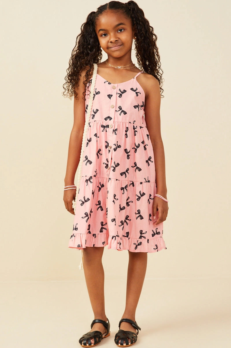Girls Pink Bow Print Button Detail Tiered Tank Dress