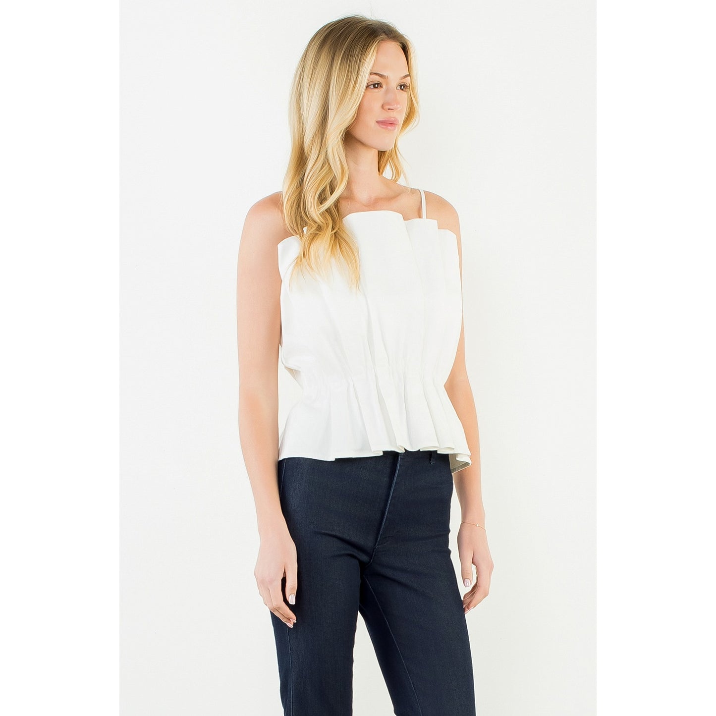 Thin Strap Pleated Top in White