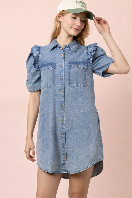Mineral Washed Indigo Button-Down Mini Shirt Dress