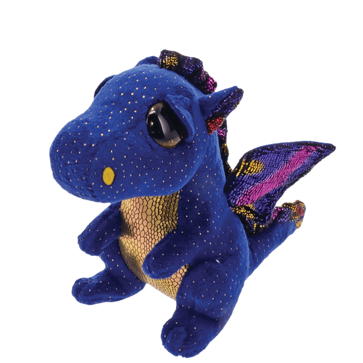 Side view of a blue plush dragon toy with sequin wings on a transparent background