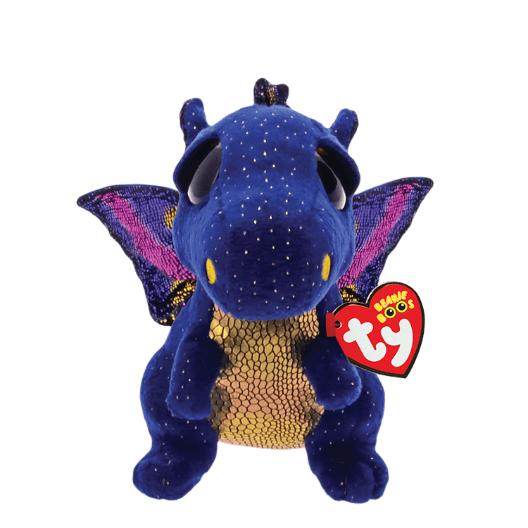 Blue plush dragon toy with sequin wings and a Ty Beanie Boos tag, on a transparent background