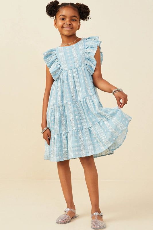 Girls Blue Embroidered Ruffled Lace Sleeveless Dress
