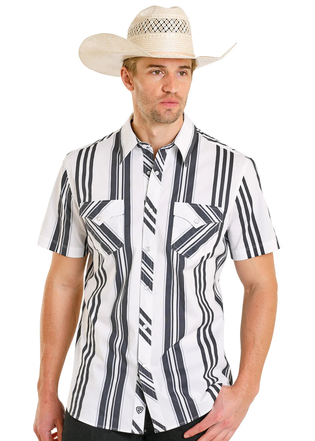 Rock & Roll Slim Fit Black & White Striped Short Sleeve Snap Shirt