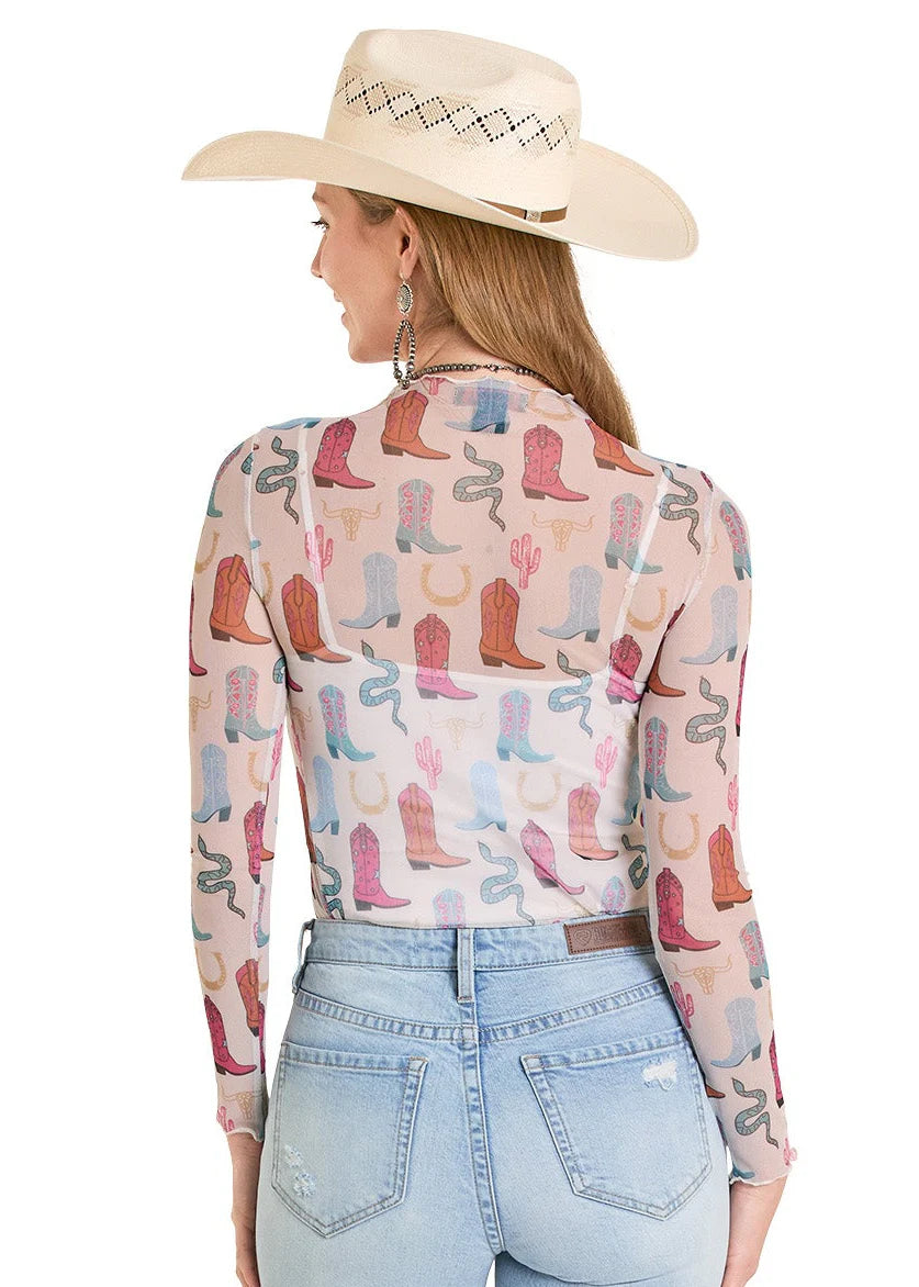 Rock & Roll Denim Western Boot Print Mesh Top
