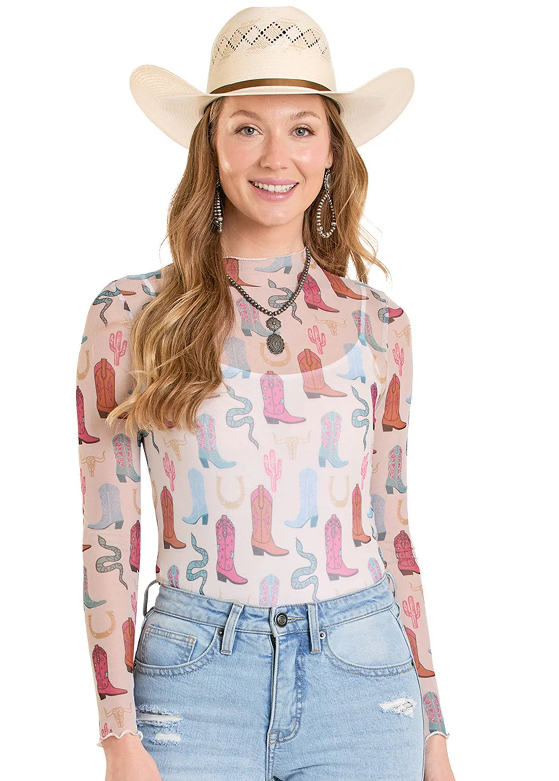 Rock & Roll Denim Western Boot Print Mesh Top