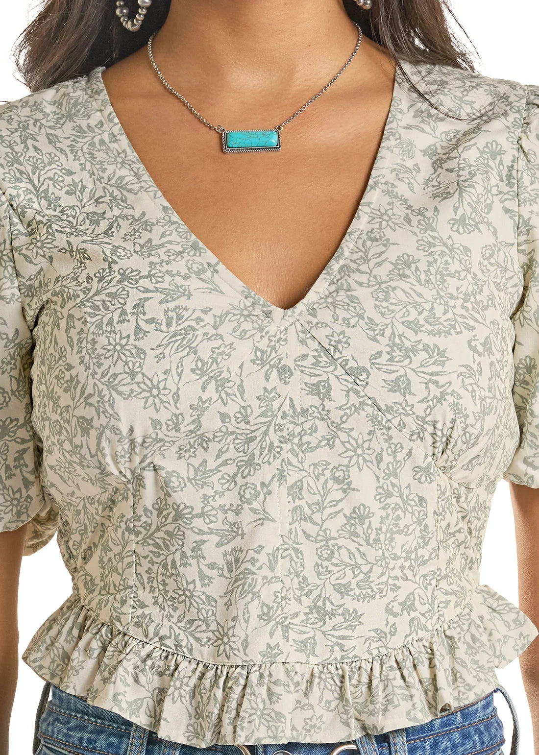 Rock & Roll Denim Floral Smocked Peplum Top in Jade