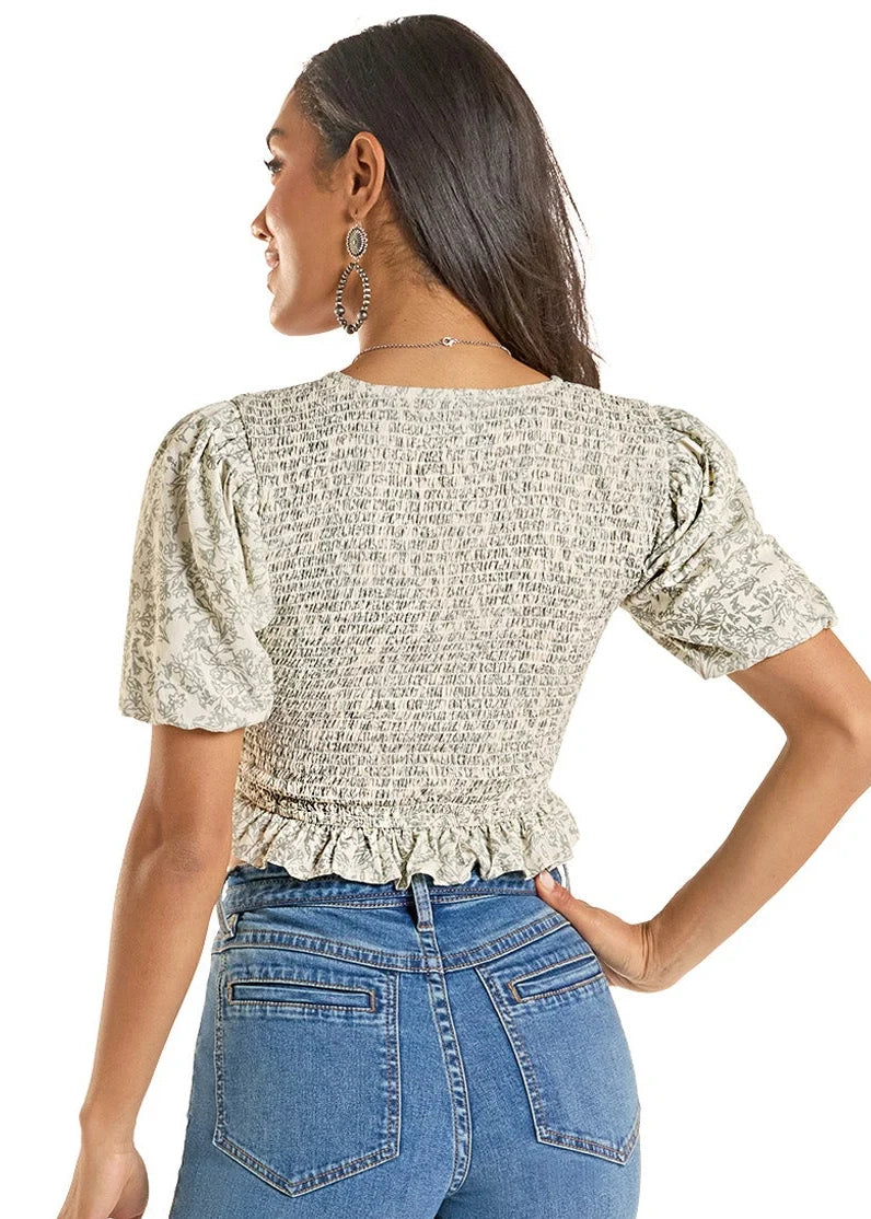 Rock & Roll Denim Floral Smocked Peplum Top in Jade