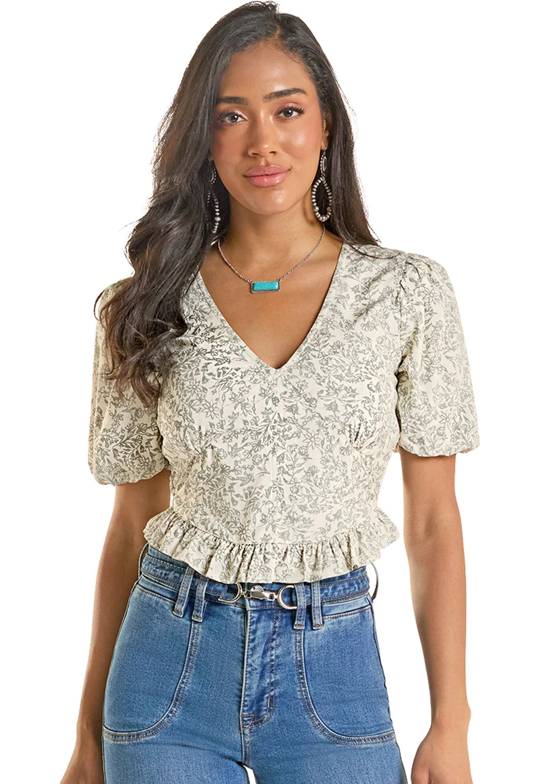 Rock & Roll Denim Floral Smocked Peplum Top in Jade
