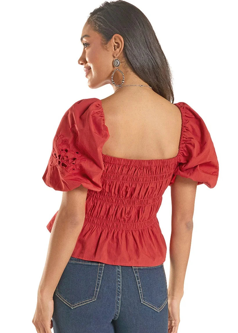 Rock & Roll Cutwork Puff Sleeve Poplin Blouse in Red