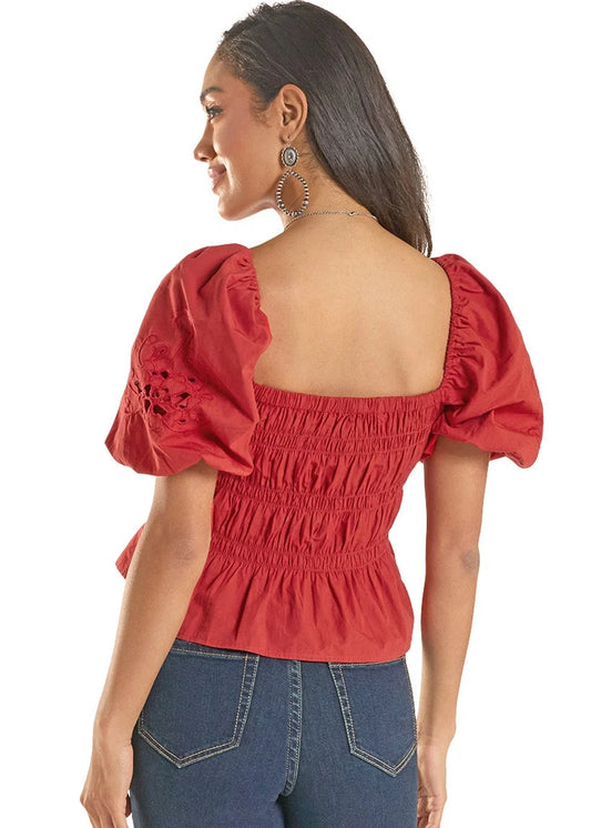 Rock & Roll Cutwork Puff Sleeve Poplin Blouse in Red