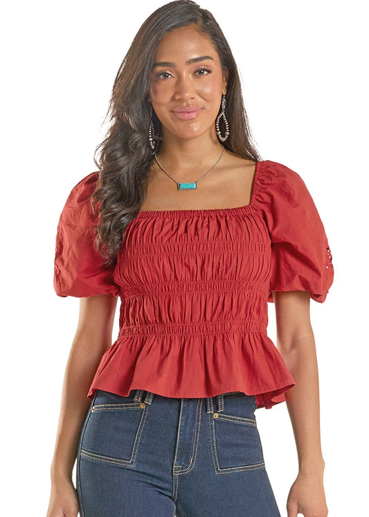 Rock & Roll Cutwork Puff Sleeve Poplin Blouse in Red