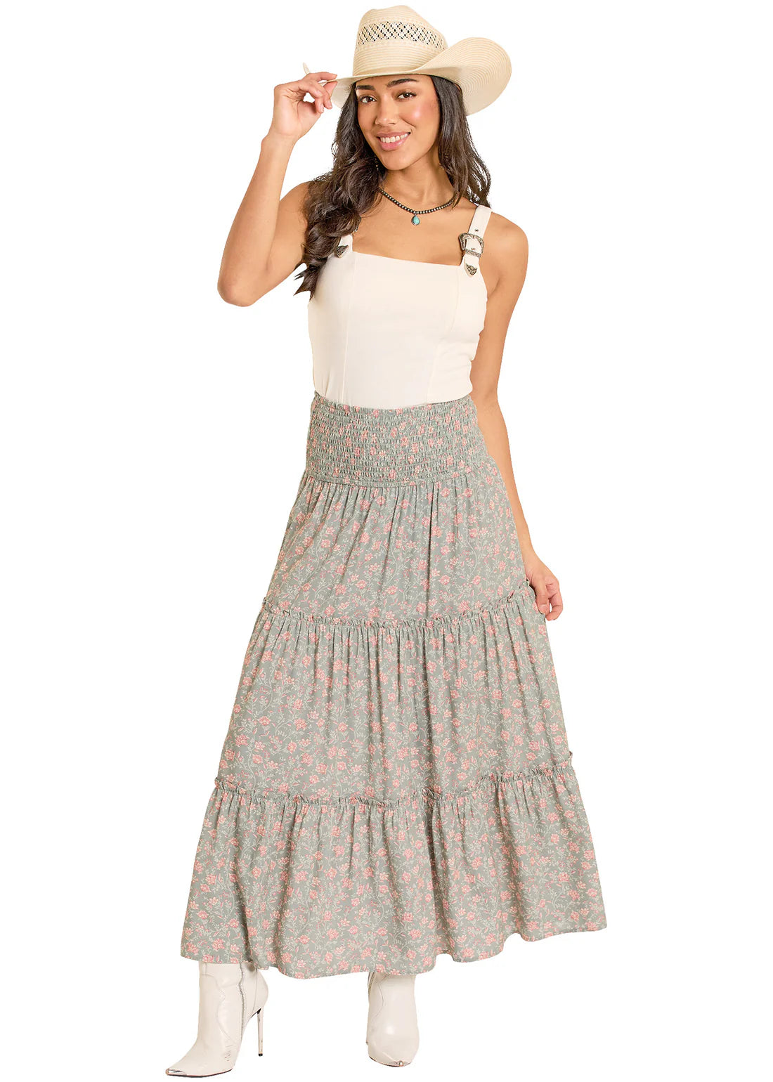 Rock & Roll Denim Tiered Floral Print Maxi Skirt
