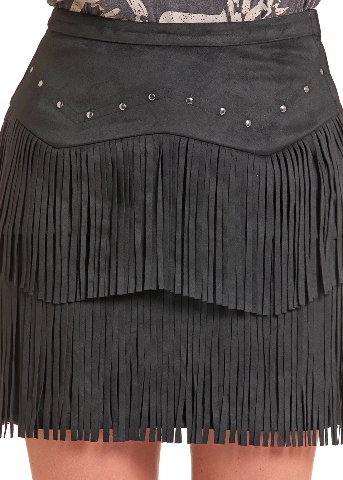 Rock & Roll Denim Studded Microsuede Skirt with Fringe