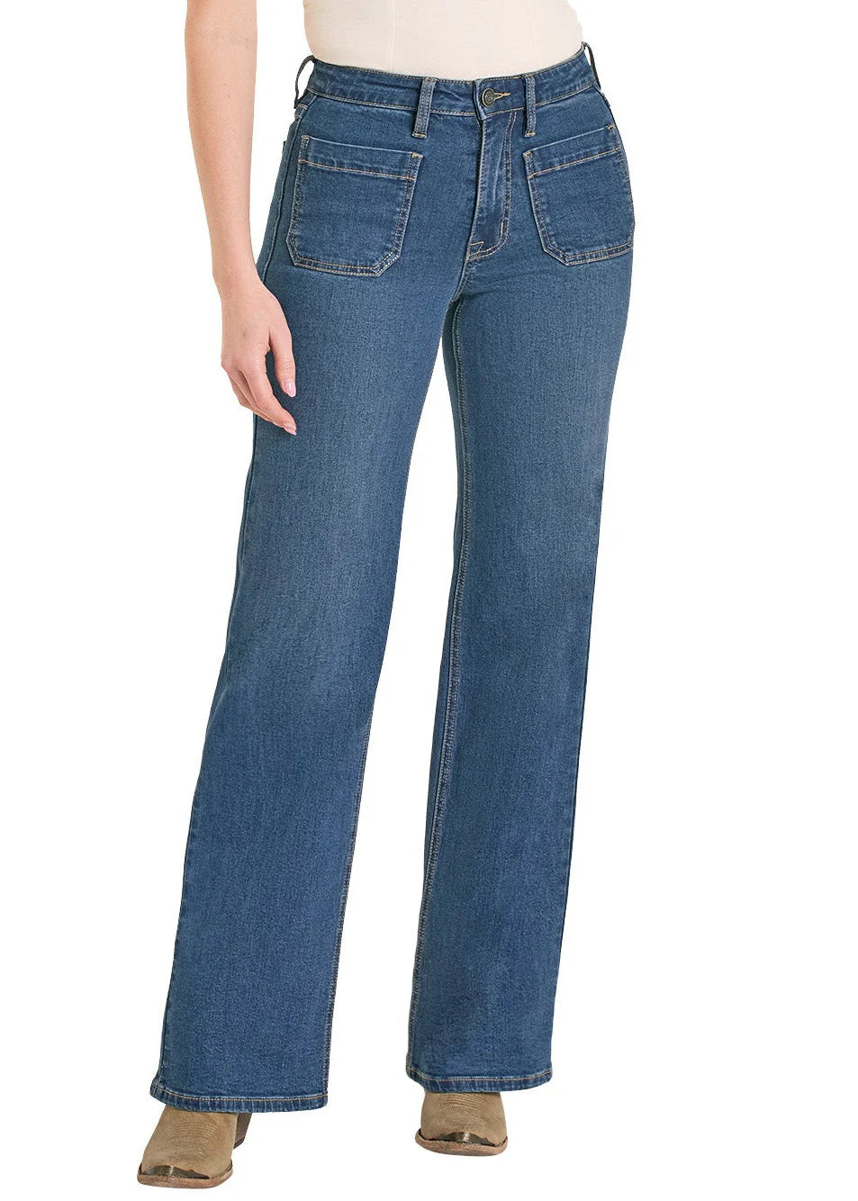 Rock & Roll Denim High Rise Relaxed Patch Pocket Wide Leg Jeans