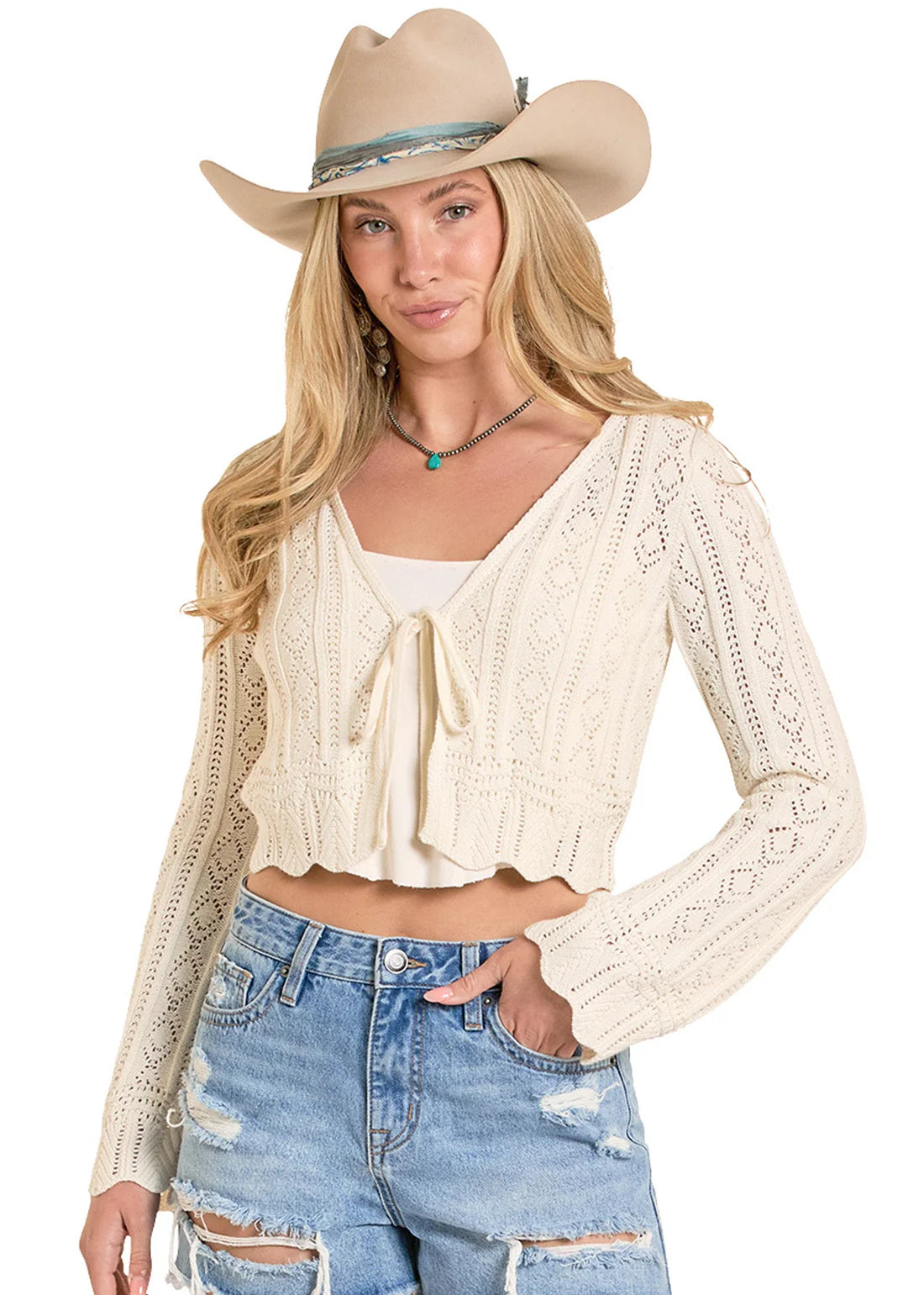 Rock & Roll Denim Tie Knit Cardigan Sweater in Natural