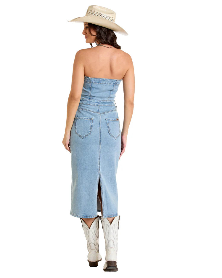 Rock & Roll Detachable Strap Denim Midi Dress