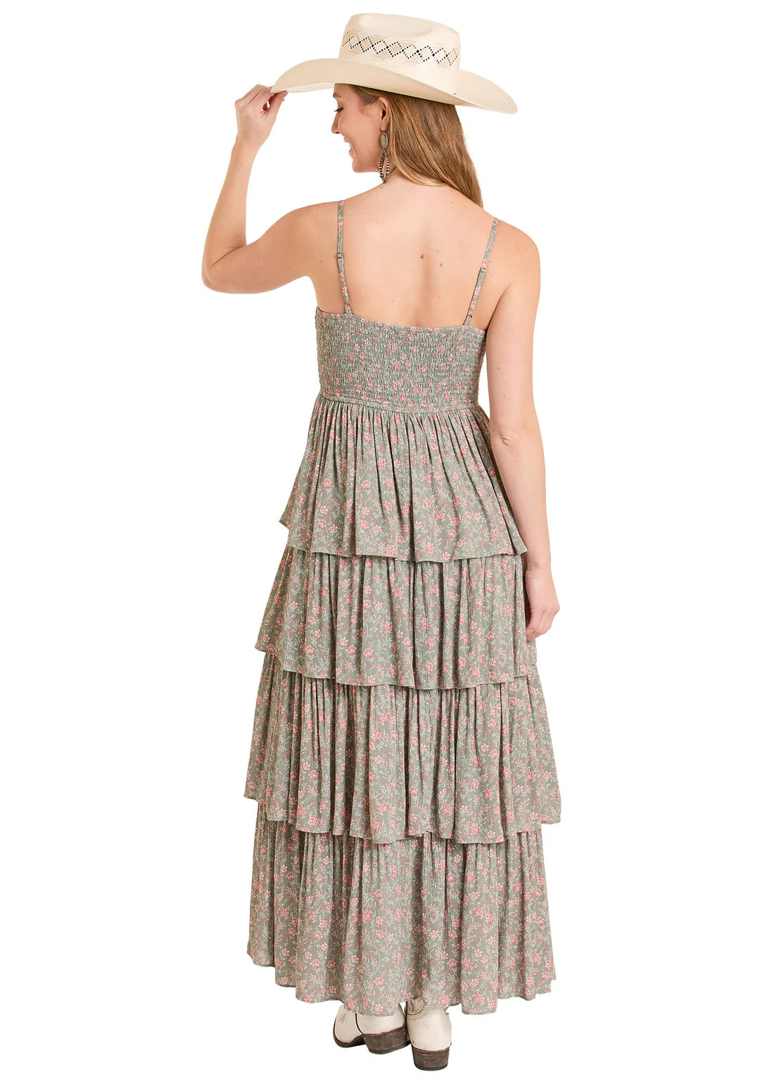 Rock & Roll Denim Tiered Floral Maxi Dress in Jade