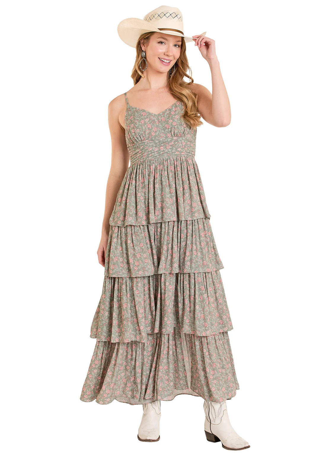 Rock & Roll Denim Tiered Floral Maxi Dress in Jade