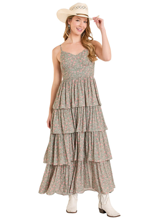 Rock & Roll Denim Tiered Floral Maxi Dress in Jade