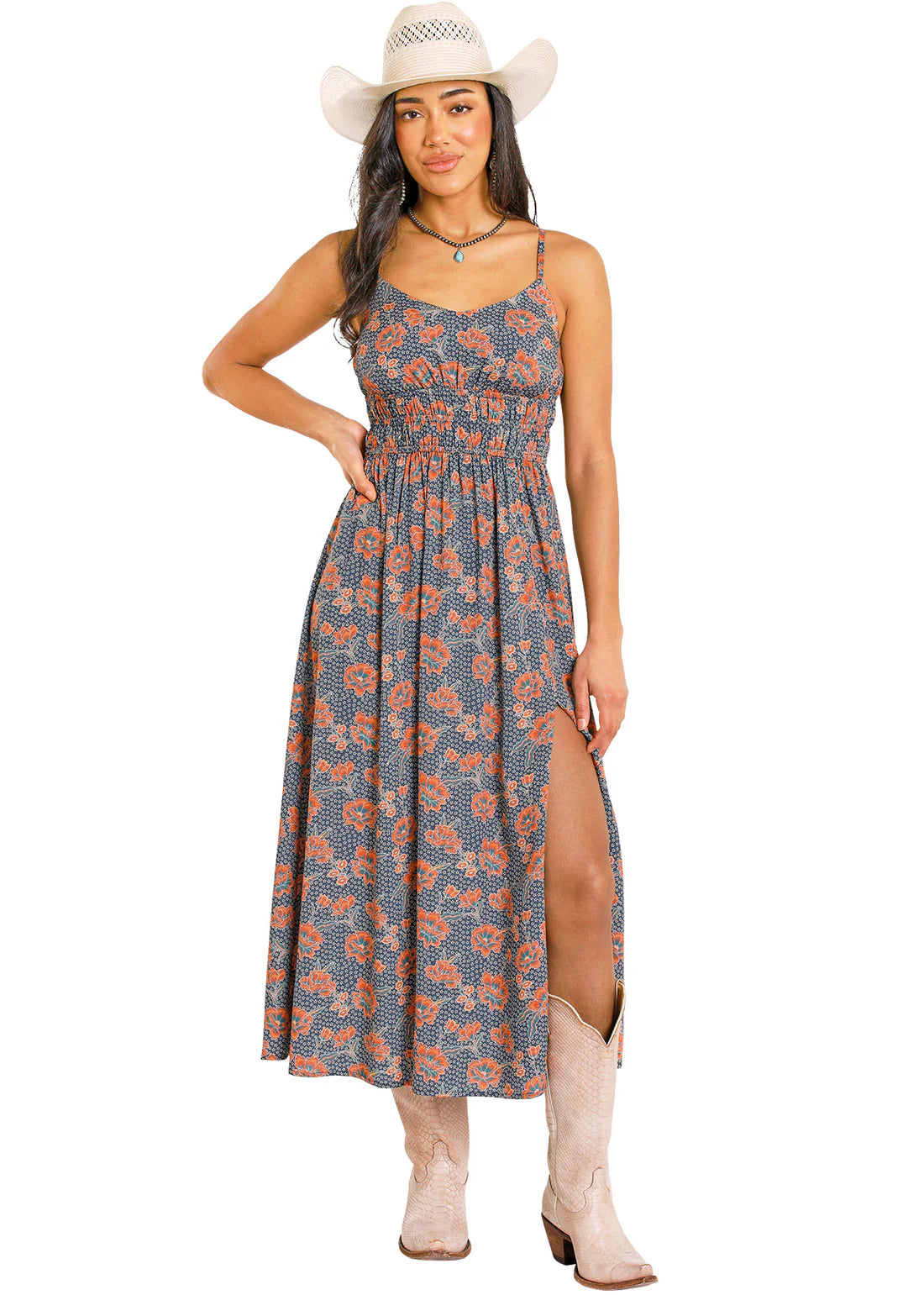 Rock & Roll Denim Blue Floral Print Midi Dress