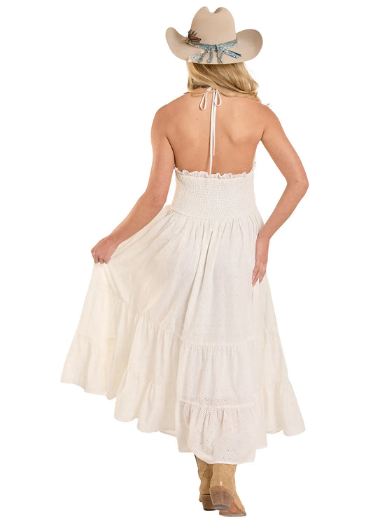 Rock & Roll Denim Eyelet Halter Maxi Dress in Natural