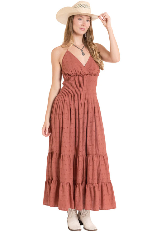 Rock & Roll Denim Eyelet Halter Maxi Dress in Rust
